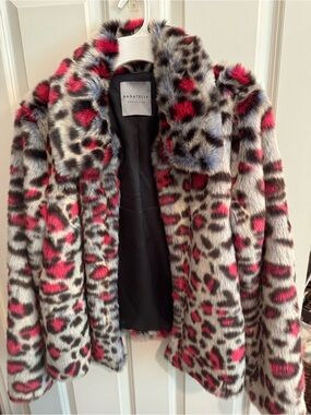 bagatelle Multicolor Faux Fur Teddy Jacket in Red, Blue, Gray
